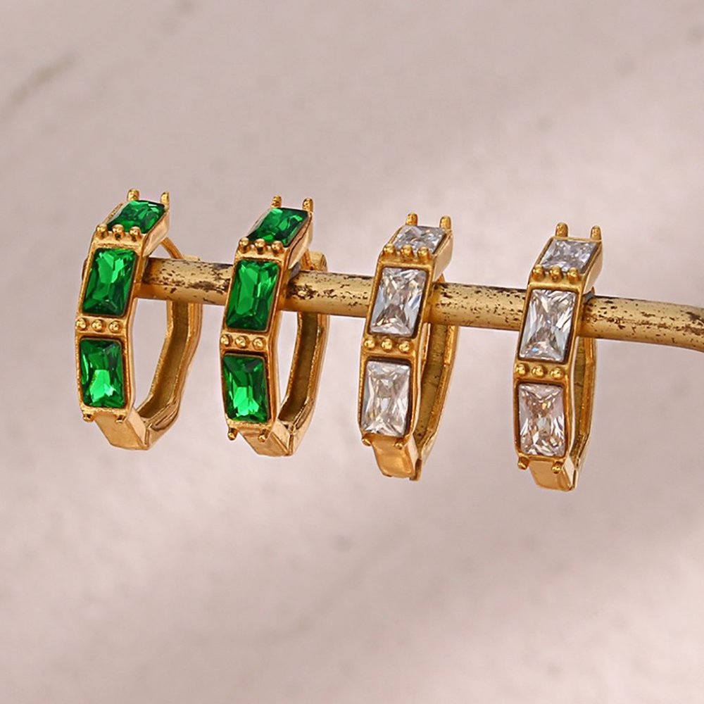 Green Zircon Small Hoop Earrings Bamboo Shape 18K Gold Plated Stainless Steel - Picture 6 of 9